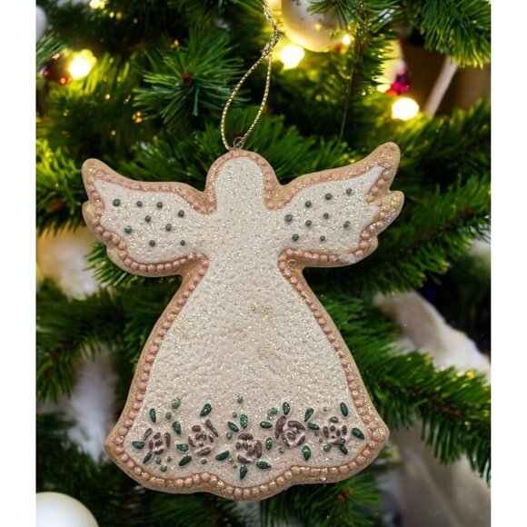 Glitter Angel Christmas Ornament Vintage Holiday Cookie Style w Floral Accents - Picture 1 of 8